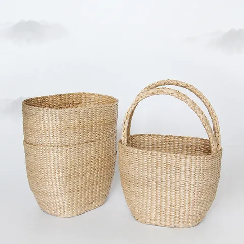 Handmade Cattail Straw Woven Bag Natural Plant Fiber Storage Basket Beach Handbag Casual Summer Tote Bag For Women