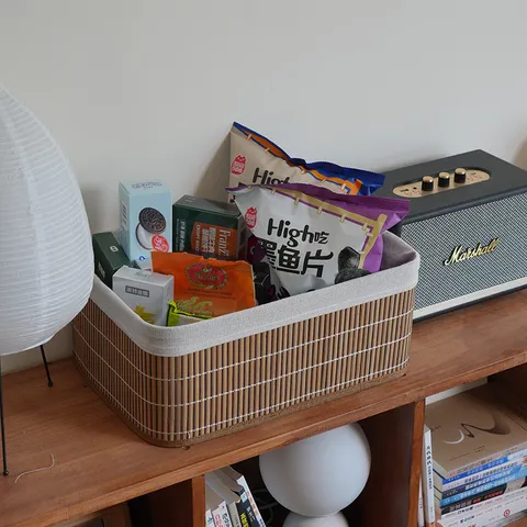 Foldable Bamboo Woven Storage Basket Fabric Lined Desktop Organizer Pastoral Style Storage Box For Toys Snacks Clothes