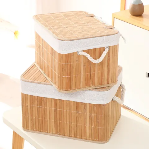 Natural Bamboo Woven Storage Box Set with Lid and Cotton Rope Handles Woven Baskets for Sundries Cosmetics Toys