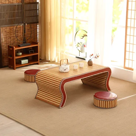 Rustic Rattan Woven Tatami Coffee Table Solid Wood Bay Window Tea Table Portable Low Table Home Furniture
