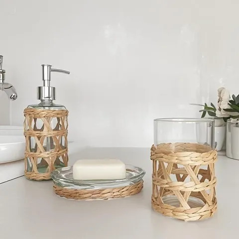 Ensemble d'Accessoires de Salle de Bains en Verre et Paille Tissée Main Distributeur Porte-Savon Porte-Brosse à Dents Décoration