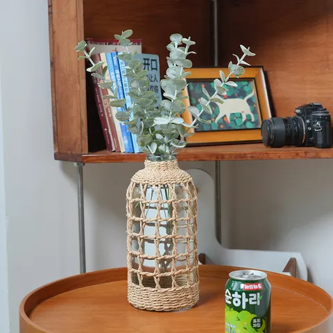 Handmade Woven Grass Paper Line Glass Vase Natural Rustic Style Home Decor Tabletop Decorative Flower Vase