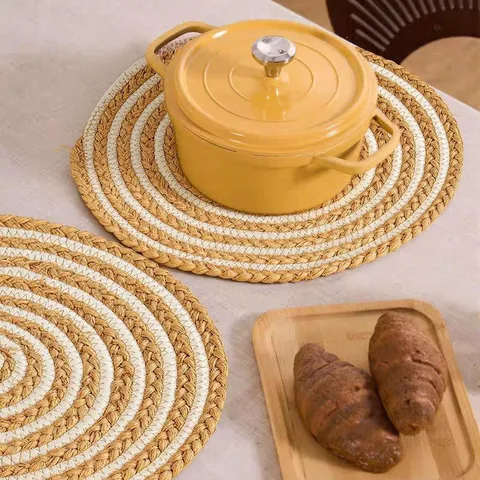 Hand Woven Raffia and Cotton Rope Placemat Round Heat Resistant Table Mat Modern Minimalist Dining Table Decor