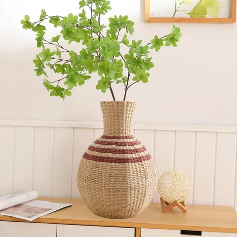 Handmade Woven Cattail Grass Vase Water Hyacinth Plant Basket Desktop Decorative Flower Pot Natural Home Decor