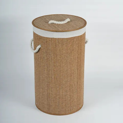 Bamboo Woven Laundry Hamper Round Foldable Storage Basket With Lid And Cotton Rope Handles For Clothes Organization Home