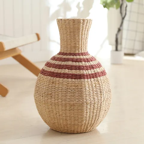 Handmade Woven Cattail Grass Vase Water Hyacinth Plant Basket Desktop Decorative Flower Pot Natural Home Decor