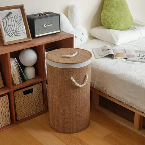 Bamboo Woven Laundry Hamper Round Foldable Storage Basket With Lid And Cotton Rope Handles For Clothes Organization Home