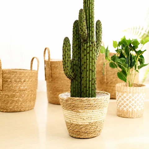 Nordic Straw Woven Flower Pot Rattan Plant Basket Minimalist Handcrafted Storage Basket Home Garden Decor