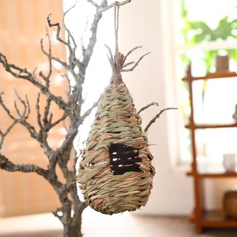 Handmade Natural Straw Woven Pet Bird Nest Hanging Breeding House Craft Creative Bird Cage Decor For Small Birds