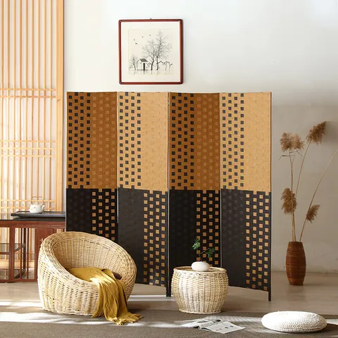 Chinese Minimalist Foldable Double Sided Room Divider Wood Geometric Woven Screen For Living Room Bedroom Home Decor