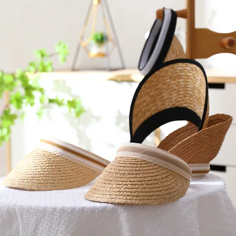 Summer Pastoral Handmade Raffia Straw Sun Visor Hat Women Men Breathable Beach Outdoor Empty Top Sunhat Cap