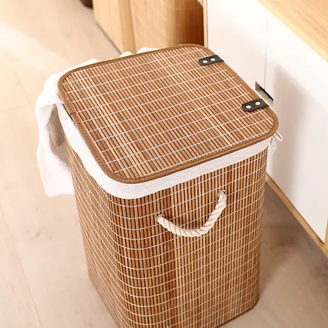 Foldable Bamboo Woven Laundry Basket Storage Hamper With Lid Dustproof Storage Bin For Clothes Toys Home Organization