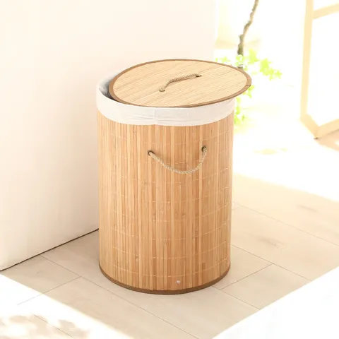 Panier à Linge en Bambou Tissé à la Main Corbeille de Rangement Avec Couvercle Doublure Lin Coton Rond Triangulaire Maison