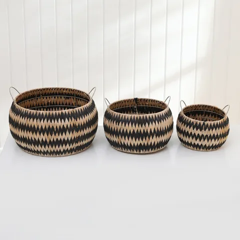 Handmade Woven Wicker Storage Basket Straw Storage Bin With Handles Geometric Stripe Desktop Organizer Home Sundries Container