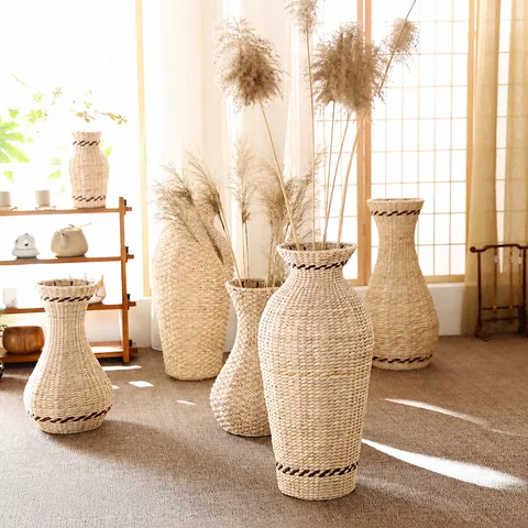 Handmade Woven Grass Rattan Flower Basket Dried Flower Vase Pastoral Style Home Decor Tabletop Floor Plant Container