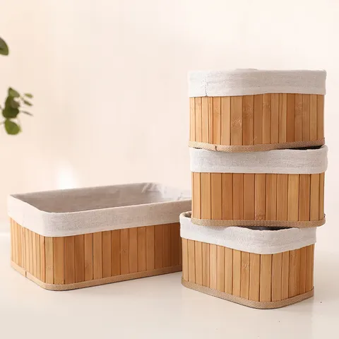 Bamboo Woven Storage Basket Set Natural Fabric Lined Wicker Storage Bin Organizer For Living Room Home Organization