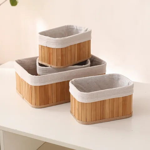 Bamboo Woven Storage Basket Set Natural Fabric Lined Wicker Storage Bin Organizer For Living Room Home Organization