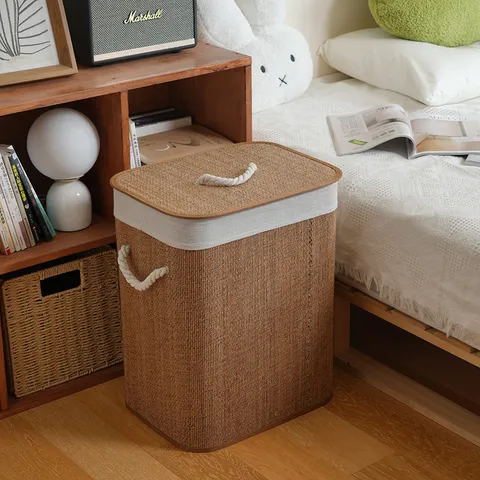 Woven Bamboo Laundry Hamper Storage Basket With Lid And Cotton Rope Handles Foldable Clothes Organizer For Home Bedroom