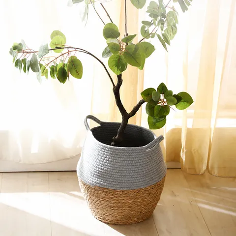 Handmade Woven Straw Cotton Rope Storage Basket Foldable Plant Pot Cover Pastoral Style Home Decor Storage Container