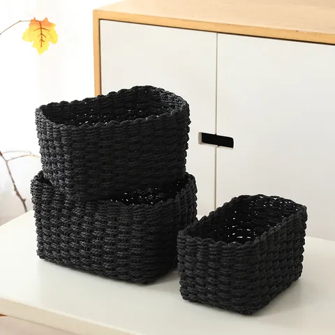 Handwoven Paper Rope Storage Basket Set Desktop Cosmetic Sundries Organizer Woven Storage Box For Home Organization