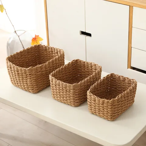 Handwoven Paper Rope Storage Basket Set Desktop Cosmetic Sundries Organizer Woven Storage Box For Home Organization