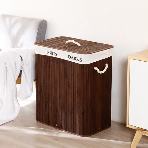 Foldable Bamboo Woven Storage Box Laundry Basket with Lid Cotton Linen Lining and Handles for Bedroom Home Organization