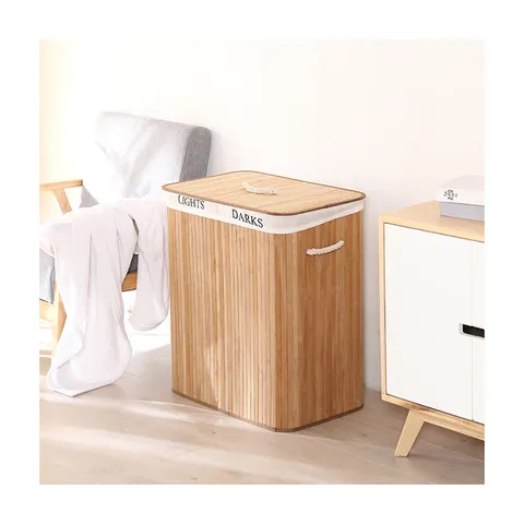 Foldable Bamboo Woven Storage Box Laundry Basket with Lid Cotton Linen Lining and Handles for Bedroom Home Organization