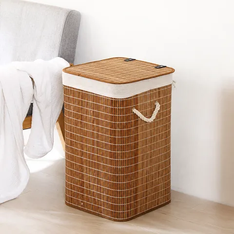 Home Folding Bamboo Woven Laundry Basket With Lid Dustproof Woven Dirty Clothes Storage Basket Toy Storage Bucket