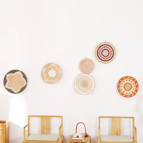 Japanese Minimalist Woven Wall Hanging Natural Straw Wicker Wall Decor Geometric Spiral Pattern Round Placemat Home Living Room Bedroom Art Ornament