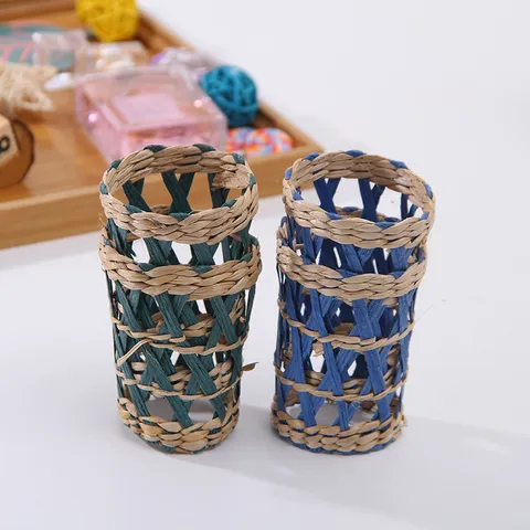 Handmade Natural Straw Woven Glass Bottle Vase Creative Pastoral Style Desktop Decorative Flower Vase Cup Sleeve Home Decor