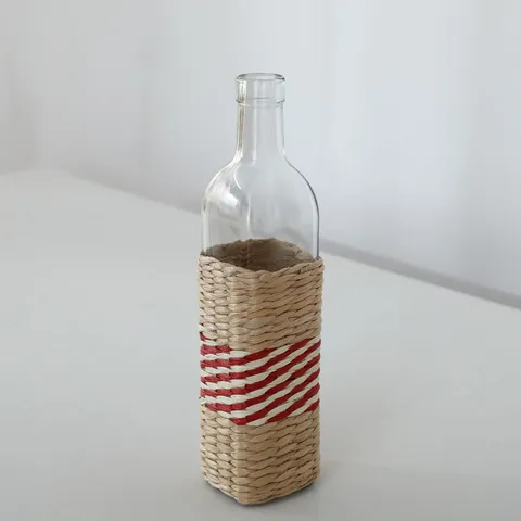 Vintage Straw Woven Glass Vase Handcrafted Grass Weaving Bottle Cover Home Decor Transparent Water Hydroponic Flower Vase