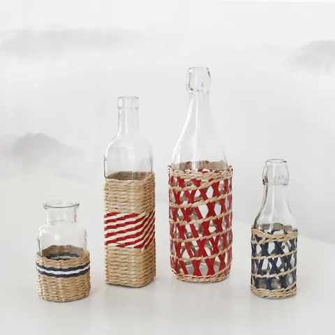 Vintage Straw Woven Glass Vase Handcrafted Grass Weaving Bottle Cover Home Decor Transparent Water Hydroponic Flower Vase