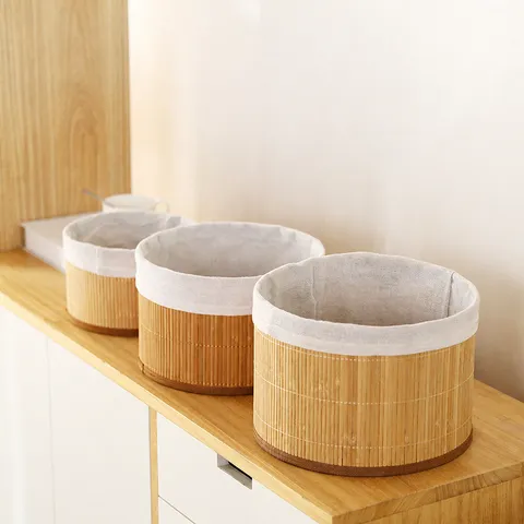 Panier de Rangement Tissé à la Main en Bambou et Rotin Boîte Organisateur de Bureau avec Doublure en Tissu pour Maison Bureau