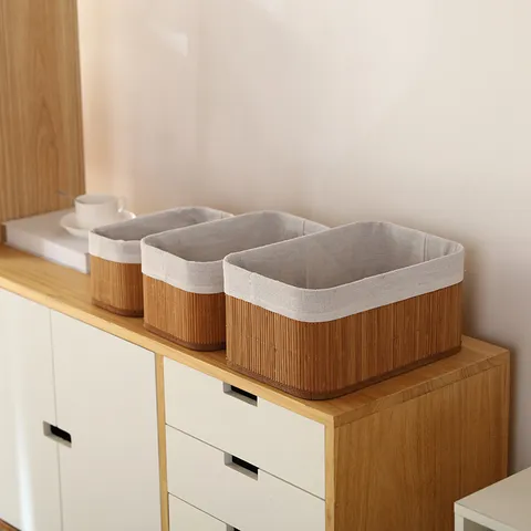 Panier de Rangement Tissé à la Main en Bambou et Rotin Boîte Organisateur de Bureau avec Doublure en Tissu pour Maison Bureau