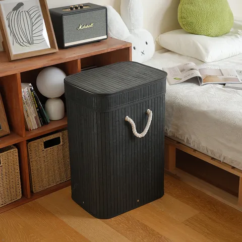 Panier à Linge Pliable en Bambou avec Couvercle Grande Capacité Panier de Rangement Doublé en Tissu pour Chambre Salon