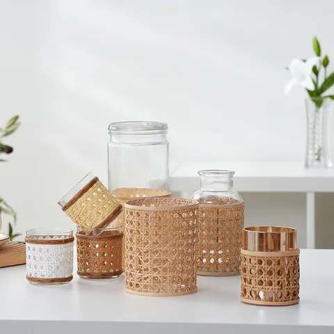 Handmade Rattan Woven Glass Vase Retro Wicker Hydroponic Flower Bottle Tabletop Decorative Ornaments Home Decor