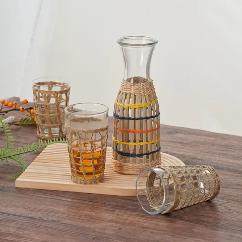 Handmade Straw Woven Glass Cup Transparent Water Bottle With Natural Rattan Cover Rustic Style Drinkware For Office Home