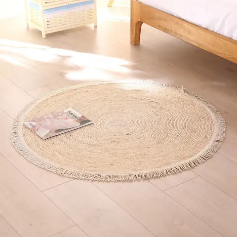 Handmade Woven Straw Tassel Round Area Rug Natural Plant Fiber Floor Mat Boho Home Decor Living Room Bedroom Wall Hanging