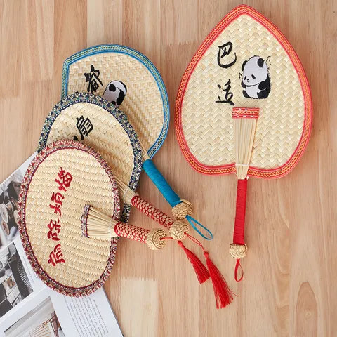 Handwoven Natural Straw Fan Traditional Chinese Style Summer Cooling Hand Fan with Colorful Binding and Tassel Home Decor
