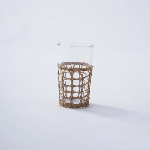 Handmade Straw Woven Glass Cup Transparent Water Bottle With Natural Rattan Cover Rustic Style Drinkware For Office Home