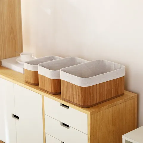 Rustieke Geweven Bamboe Opbergmand Set Met Stoffen Voering Rechthoekige Ronde Desktop Organizer Huisdecoratie