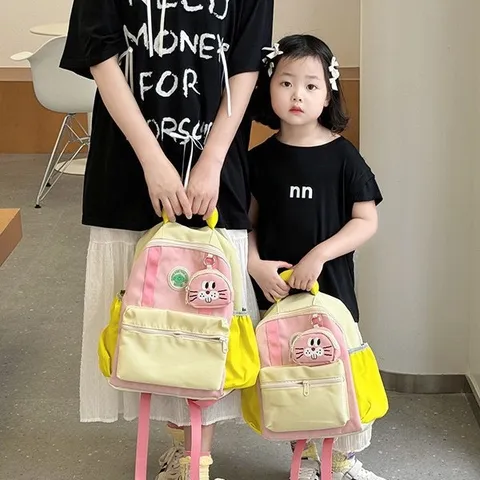 Kinder Schulrucksack Süßes Cartoon Farbblock Leichtes Nylon Büchertasche Mit Tieranhänger Für Jungen Mädchen Kinder