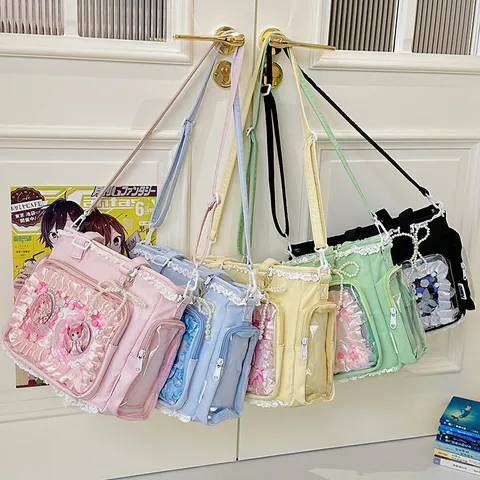 Bolso Ita Transparente de Estilo JK Dulce Japonés Bolso Tote Lindo Lazo Cadena de Perlas Hombro Bandolera Bolso de Insignia de Anime