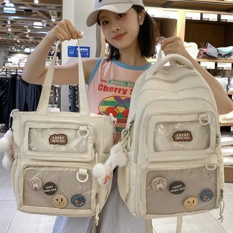 Damen Casual Nylon Rucksack Transparente Ita Tasche Große Kapazität Schulranzen Mit Abzeichen Und Anhänger