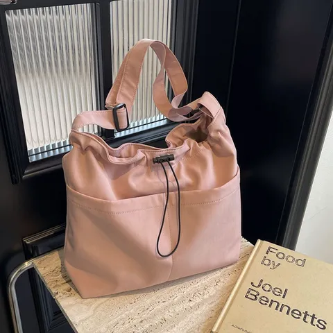 Minimalistische Einfarbige Canvas-Eimer Tasche Lässige Outdoor Reise Umhängetasche Kordelzug Einzelne Schultertasche Für Frauen
