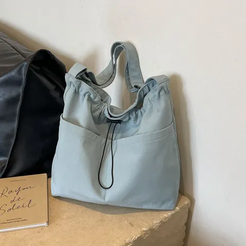 Minimalistische Einfarbige Canvas-Eimer Tasche Lässige Outdoor Reise Umhängetasche Kordelzug Einzelne Schultertasche Für Frauen