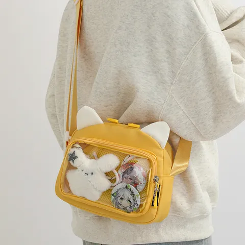 Kawaii Japanischer College Stil Ita Bag Transparentes PVC Fenster Umhängetasche Süße Katzenohren Nylon Damen Tasche