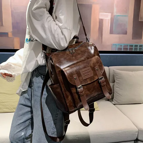 Γυναικείο Vintage Σακίδιο Πλάτης από Δερματίνη PU Μεγάλης Χωρητικότητας Casual Μονόχρωμο Σχολική Τσάντα Ταξιδιού