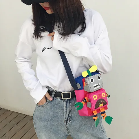 Borsa a Tracolla in Tela con Robot di Cartoni Animati Carini Stile Giapponese Borsa a Spalla Casual per Bambini Ragazze Messenger Borsa da Viaggio
