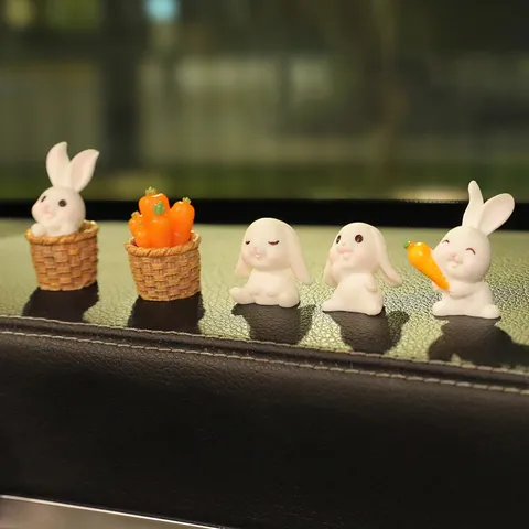 Cute Resin Rabbit Figurine Dashboard Decor Bunny Carrot Basket Set Car Interior Ornaments Automotive Accessories